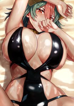 1girl black_one-piece_swimsuit breasts dark-skinned_female dark_skin fire_emblem fire_emblem_heroes gradient_hair green_hair hair_ornament highres huge_breasts laegjarn_(fire_emblem) looking_at_viewer lying multicolored_hair nintendo on_back on_ground one-piece_swimsuit orange_hair red_eyes sand short_hair solo swimsuit tongari