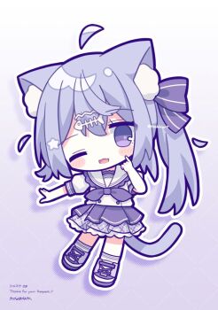 1girl ;d ahoge animal_ear_fluff animal_ears blush_stickers bow cat_ears cat_girl cat_tail chibi chibi_only commentary commission detached_ahoge double-parted_bangs fangs fish_skeleton_hair_ornament full_body hair_bow hand_up highres indie_virtual_youtuber long_hair looking_at_viewer nakkar neckerchief nekonoha_rito one_eye_closed open_mouth outline pleated_skirt purple_bow purple_eyes purple_hair purple_neckerchief purple_shoes purple_skirt shirt shoes short_sleeves side_ponytail sidelocks signature skeb_commission skin_fangs skirt smile sneakers socks solo standing striped_bow symbol-only_commentary tail twitter_username virtual_youtuber white_outline white_shirt white_socks