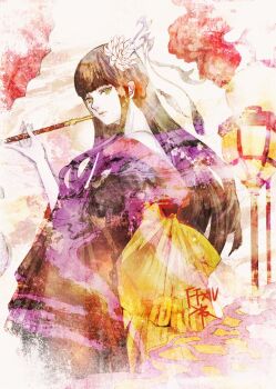 1girl bare_shoulders black_hair commentary copyright_name final_fantasy final_fantasy_xiv flower green_eyes hair_flower hair_ornament hair_stick holding holding_smoking_pipe hyur kiseru long_hair off_shoulder ruka_(blueplus84) smoking_pipe solo white_flower yotsuyu_goe_brutus