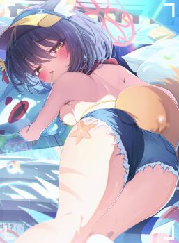 1girl animal_ears ass ass_focus back bikini black_hair blue_archive blue_shorts blush breasts commentary_request dappled_sunlight denim denim_shorts fang flower fox_ears fox_girl fox_tail from_behind hair_between_eyes hair_flower hair_ornament halo highres hugging_doll hugging_object izuna_(blue_archive) izuna_(swimsuit)_(blue_archive) kneepits looking_at_viewer looking_back lying medium_breasts official_alternate_costume on_stomach open_mouth pink_halo red_scarf revision scarf sho_me_1853 short_hair short_shorts shorts skin_fang solo striped_bikini striped_clothes stuffed_fox stuffed_toy sunflower sunflower_hair_ornament sunlight sweat swimsuit tail thighs visor_cap yellow_eyes yellow_tail