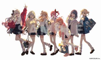 6+girls ahoge aqua_eyes bag black_shoes brown_hair closed_eyes commentary_request earrings full_body green_eyes grey_eyes grey_hair heterochromia idios igarashi_rika ishigami_nozomi jacket jewelry kaburaki_roco kneehighs koshimizu_toru kuramochi_meruto loafers long_hair long_sleeves looking_at_another multiple_girls nijisanji official_art one_eye_closed open_clothes open_jacket open_mouth orange_hair pink_eyes pink_hair sample_watermark school_bag school_uniform shishido_akari shoes simple_background skirt smile socks sophia_valentine touka_moru04 virtual_youtuber walking watermark white_background white_shoes white_socks