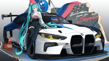 1girl absurdres aqua_eyes aqua_hair asymmetrical_bodysuit black_bodysuit black_gloves bmw_3_series bmw_e30 bodysuit boots car covered_navel cropped_jacket flag gloves goodsmile_company goodsmile_racing gradient_background green_gloves hair_between_eyes hatsune_miku highres jacket long_hair long_sleeves looking_at_viewer mobileforces motor_vehicle race_queen race_vehicle racecar racing_miku racing_miku_(2022) single_leg_bodysuit single_thigh_boot single_thighhigh sitting_against_vehicle smile smiley_face solo spoiler_(automobile) text_print thigh_boots thighhighs traffic_cone twintails two-tone_gloves very_long_hair vocaloid white_jacket