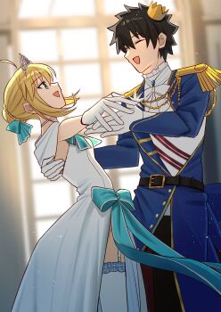 1boy 1girl absurdres ahoge aqua_ribbon arm_behind_back artoria_pendragon_(fate) black_hair blonde_hair blue_coat braid bun_with_braided_base closed_eyes coat commentary commission crown dancing dress english_commentary epaulettes fate/grand_order fate_(series) from_side fujimaru_ritsuka_(male) fujimaru_ritsuka_(male)_(halloween_royalty) garter_straps gloves green_eyes hair_bun hair_ribbon highres long_sleeves looking_at_another mini_crown open_mouth ribbon saber_(fate) saber_(formal_dress)_(fate) second-party_source shintyoi2 shirt short_hair smile tiara white_dress white_gloves white_shirt window