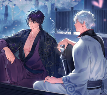 2boys arm_on_knee black_hair boat closed_mouth collarbone commentary falling_petals g_rribbit gintama hair_between_eyes japanese_clothes kimono knee_up looking_at_another male_focus multiple_boys night open_clothes open_kimono pectorals petals pink_petals rowboat sakata_gintoki short_hair sitting symbol-only_commentary takasugi_shinsuke watercraft watermark white_hair yaoi