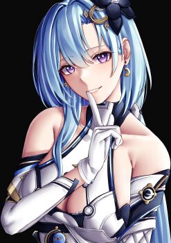 1girl absurdres bare_shoulders black_background breasts cleavage commentary_request crescent crescent_earrings dress earrings flower gloves griseo griseo_(cosmic_expression) hair_flower hair_ornament highres honkai_(series) honkai_impact_3rd jewelry korean_commentary large_breasts long_hair looking_at_viewer pyeong_il simple_background smile solo upper_body very_long_hair white_dress white_gloves