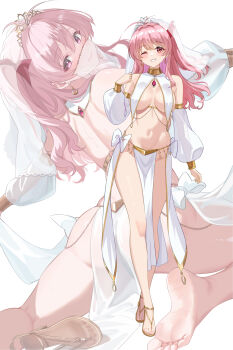 1girl absurdres antenna_hair ass back bare_shoulders breast_curtains breasts chaos;head closed_mouth crossed_legs dancer detached_sleeves earrings feet from_behind full_body gher5 gold_trim grin hand_up highres jewelry large_breasts long_hair long_sleeves looking_at_viewer looking_back median_furrow mouth_veil multiple_views navel no_panties one_eye_closed one_side_up outstretched_arms pelvic_curtain pink_hair puffy_long_sleeves puffy_sleeves red_eyes revealing_clothes sakihata_rimi sandals science_adventure see-through_clothes see-through_sleeves simple_background smile soles standing stomach sweat thighs toes unworn_sandals veil watson_cross white_background white_veil