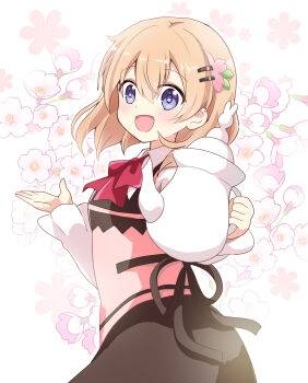 Rule 34 | 1girl, :d, black skirt, blush, bow, brown hair, collared shirt, commentary request, employee uniform, flower, from side, gochuumon wa usagi desu ka?, hair between eyes, hair ornament, hairclip, highres, holding, hoto cocoa, long sleeves, looking at viewer, looking to the side, massala, open mouth, pink flower, pink vest, purple eyes, rabbit house uniform, red bow, shirt, simple background, skirt, smile, solo, vest, waitress, white background, white shirt