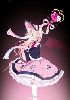 Rule 34 | 1girl, black background, black capelet, black sleeves, blunt bangs, blush, bonnet, bow, bow legwear, brooch, capelet, chinstrap, closed eyes, closed mouth, colored inner hair, commentary request, dress, drill hair, earrings, feet out of frame, frilled bonnet, frilled capelet, frilled dress, frilled sleeves, frills, from side, grey hair, hair intakes, hair ribbon, heart wand, highres, holding, holding wand, jewelry, kakaru1515, light particles, long hair, long sleeves, magical girl, makaino ririmu, multicolored hair, neck ribbon, nijisanji, official alternate costume, official alternate hairstyle, petticoat, pink bow, pink dress, pink hair, pink ribbon, pink streaks, pointy ears, profile, puffy long sleeves, puffy sleeves, red ribbon, ribbon, sidelocks, smile, socks, solo, standing, streaked hair, two-handed, two-tone hair, two side up, virtual youtuber, wand, white ribbon, white socks, winged wand