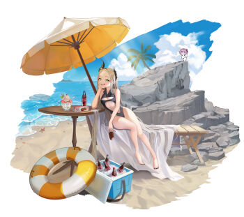 1girl absurdres bare_legs barefoot beach beach_umbrella black_horns black_nails black_one-piece_swimsuit blush bottle brand_name_imitation breasts center_opening coca-cola commentary_request cooler day doro_(nikke) fingernails food food_on_face full_body goddess_of_victory:_nikke green_eyes grey_hair haagen-dazs hair_over_shoulder head_rest highres holding holding_food holding_popsicle horizon horns leviathan_(nikke) light_rays long_fingernails long_hair looking_at_viewer nail_polish ocean one-piece_swimsuit outdoors palm_tree parfait pointy_ears popsicle revision sitting sky slit_pupils small_breasts soda_bottle solo solo_soda sunbeam sunlight swim_ring swimsuit table toenail_polish toenails tree umbrella very_long_hair