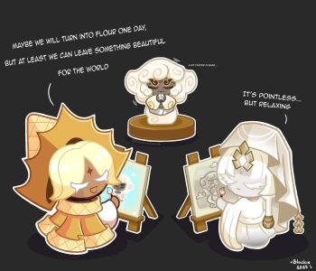 1boy 1girl 1other 2025 black_background blackie_(pinkafuncookie) blonde_hair canvas_(object) cape chibi claws closed_eyes closed_mouth cloud_haetae_cookie colored_eyelashes colored_skin cookie_run cookie_run:_kingdom curly_hair dark-skinned_male dark_skin easel english_text eyes_visible_through_hair facial_mark forehead_jewel forehead_mark gem grey_skin happy hat highres holding holding_paintbrush knees_apart_feet_together light_smile long_hair long_sleeves motion_lines mystic_flour_cookie official_style outline own_hands_together paintbrush painting_(action) painting_(object) pure_vanilla_cookie robe short_hair signature simple_background sitting standing tail thick_eyebrows veil very_long_hair white_gemstone white_hair white_outline white_robe white_veil wide_sleeves yellow_cape yellow_hat