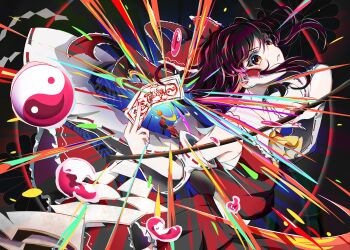 Rule 34 | 1girl, absurdres, ascot, bare shoulders, black hair, bow, brown eyes, commentary request, detached sleeves, frilled bow, frills, gohei, hair bow, hair tubes, hakurei reimu, highres, holding, holding gohei, holding ofuda, medium hair, ofuda, orb, parted lips, red bow, red shirt, red skirt, ribbon-trimmed sleeves, ribbon trim, shirt, skirt, sleeveless, sleeveless shirt, solo, touhou, wide sleeves, yellow ascot, yin yang, yin yang orb, yuriri2001