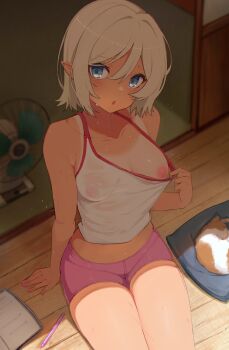 1girl :o absurdres animal arm_support bare_shoulders blonde_hair blue_eyes blush book breasts cat collarbone covered_erect_nipples electric_fan flashing hair_between_eyes highres looking_at_viewer medium_breasts nipples no_bra open_book original pen pink_shorts revision shirt short_hair shorts sitting solo sweat tan ventilator wet wet_clothes wet_shirt white_shirt xubai