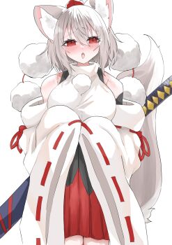1girl absurdres animal_ears bare_shoulders black_skirt blush commentary_request detached_sleeves hair_between_eyes hat highres inubashiri_momiji looking_at_viewer medium_hair open_mouth pom_pom_(clothes) puffy_sleeves red_eyes red_skirt regua shirt skirt sleeveless sleeveless_shirt solo sword sword_on_back tail tokin_hat touhou turtleneck turtleneck_shirt two-tone_skirt weapon weapon_on_back white_background white_hair white_shirt wolf_ears wolf_girl wolf_tail