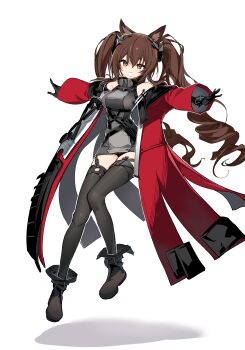 1girl absurdres angelina_(arknights) animal_ears arknights arknights:_endfield bare_shoulders belt black_thighhighs bracelet brown_eyes brown_hair coat commentary_request dress earpiece fox_ears fox_girl full_body gilberta_(arknights) grey_dress headpiece high_belt highres infection_monitor_(arknights) jacket jewelry kinbakuman long_hair open_clothes open_coat open_mouth outstretched_arms red_jacket revision sleeveless sleeveless_dress spread_arms tachi-e thighhighs twintails white_background white_mouth