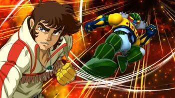 Rule 34 | 1970s (style), black eyes, crossover, jewelry, koutetsu jeeg, mature male, mecha, medium hair, official art, oldschool, retro artstyle, robot, science fiction, shiba hiroshi, super robot wars