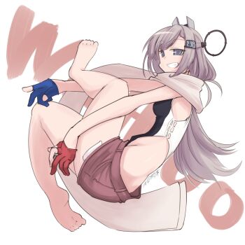 1girl asymmetrical_gloves barefoot black_one-piece_swimsuit character_name denim denim_skirt full_body gloves grey_eyes grey_hair grin headgear highleg highleg_one-piece_swimsuit highres honketsu kantai_collection mismatched_gloves one-piece_swimsuit partially_fingerless_gloves red_skirt scarf skirt smile solo super_highleg swimsuit text_background two-tone_one-piece_swimsuit wahoo_(kancolle) white_background white_scarf