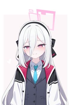 1girl absurdres black_bow black_hairband blue_archive blue_necktie blush border bow bright_pupils buttons cinamon_(cinamori) closed_mouth collared_shirt commentary furrowed_brow grey_shirt hair_between_eyes hair_bow hairband halo highres jacket kei_(blue_archive) kei_(new_body)_(blue_archive) long_hair long_hair_between_eyes long_sleeves looking_at_viewer necktie pink_background pink_eyes pink_halo ringed_eyes shirt solo straight-on upper_body very_long_hair white_border white_hair white_pupils white_shirt wing_collar