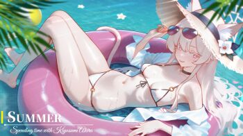 1girl akira_(blue_archive) alternate_costume animal_ear_fluff animal_ears bare_legs bare_shoulders barefoot bikini blue_archive blush breasts cat_ears cat_girl cat_tail closed_mouth flower hair_between_eyes hat hat_flower highres holding holding_removed_eyewear long_hair looking_at_viewer mellow_(srpp4843) navel open_clothes open_shirt shirt smile solo stomach sun_hat sunglasses swim_ring swimsuit tail unworn_eyewear white_bikini white_flower white_hat white_shirt