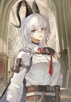 1girl absurdres adjusting_clothes adjusting_necktie arm_pouch black_choker black_eyes black_gloves black_horns black_pants breasts button_gap chest_harness choker clothes_grab collared_shirt commentary curled_horns earrings gloves hair_between_eyes harness high-waist_pants highres horns indoors jewelry key_earrings looking_at_viewer medium_breasts mole mole_under_eye multicolored_eyes multicolored_hair necktie pants parted_lips pouch red_eyes red_necktie shirt solo streaked_hair two-tone_eyes upper_body white_hair white_shirt wuthering_waves zani_(wuthering_waves) zhongyuanqing