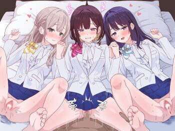 1boy 3girls after_vaginal aftersex anus ascot barefoot bed blonde_hair blue_hair blue_skirt blush breasts brown_eyes brown_hair buttons censored clenched_teeth closed_mouth clothed_female_nude_male clothed_sex clothes_lift commentary_request cum cum_in_pussy dark-skinned_male dark_skin group_sex hanazono_sayaka heart highres holding_hands hololive indoors izuki_michiru jacket kazeshiro_yuki looking_at_viewer lying m_legs medium_breasts missionary mosaic_censoring multicolored_hair multiple_girls navel no_panties nude on_back on_bed open_mouth paingoro penis pillow pleated_skirt pov pov_crotch purple_eyes pussy pussy_juice sex skirt skirt_lift small_breasts smile soles spread_legs suit_jacket teeth translation_request vaginal white_ascot white_jacket yellow_eyes
