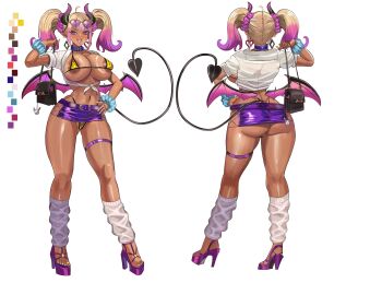 1girl absurdres animal_charm areola_slip arm_up ass bag belt belt_buckle benz_(rita29) bikini blonde_hair blue_wrist_cuffs breasts breasts_out buckle cameltoe charm_(object) collar color_guide commentary commission contrapposto crop_top cropped_shirt dark-skinned_female dark_areolae dark_skin demon_horns demon_tail demon_wings diamond_earrings ear_piercing earrings english_commentary eyeshadow eyewear_on_head fingernails from_behind full_body hand_on_own_hip handbag heart heart-shaped_eyewear heart_earrings high_heels highres holding holding_bag horns huge_breasts jewelry large_areolae leg_warmers looking_at_viewer makeup micro_bikini microskirt midriff mismatched_earrings multicolored_hair multiple_views nail_polish navel open_mouth original piercing pointy_ears purple_belt purple_collar purple_eyes purple_eyeshadow purple_hair purple_lips purple_skirt purple_wings rabbit_charm shirt short_hair short_sleeves simple_background skirt smile standing sunglasses swimsuit tail teeth thigh_strap thighs thong_bikini tied_shirt turnaround twintails two-tone_hair upper_teeth_only white_background white_shirt wings wrist_cuffs yellow_bikini yellow_nails