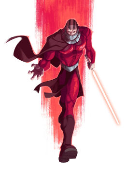1boy absurdres bald bodysuit boots brown_boots brown_cape cape darth_malak energy_sword highres holding holding_sword holding_weapon lightsaber looking_at_viewer red_bodysuit red_lightsaber simple_background sith star_wars star_wars:_knights_of_the_old_republic sword valerio_buonfantino weapon