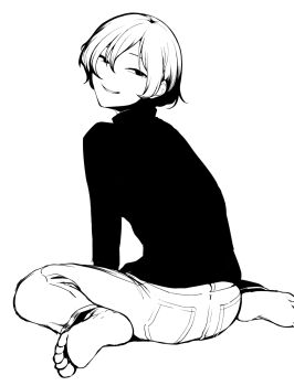 1girl ass barefoot commentary_request empty_eyes feet from_behind full_body greyscale highres long_sleeves looking_at_viewer looking_back monochrome original pants sadahiro_(chicken_nugget_gyuuniku_aji) short_hair simple_background sitting soles solo sweater toes turtleneck turtleneck_sweater v wariza
