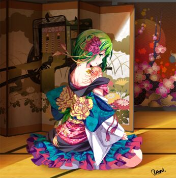 Rule 34 | 1girl, arm behind head, bare shoulders, daisy (flower), female focus, floral print, flower, from behind, goshoguruma, green eyes, green hair, gumi, hair flower, hair ornament, indoors, japanese clothes, kashi kosugi, kikumon, long sleeves, looking at viewer, looking back, matching hair/eyes, nape, off shoulder, on floor, plum blossoms, profile, red flower, red rose, rose, sayagata, signature, sitting, smile, solo, tassel, tatami, tattoo, vocaloid, wide sleeves