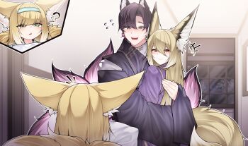 1boy 2girls ? absurdres animal_ear_fluff animal_ears arknights blonde_hair blue_hairband commentary_request dated_commentary family father_and_daughter fox_ears fox_girl fox_tail hairband highres husband_and_wife kitsune mother_and_daughter multiple_girls multiple_tails samip suzuran&#039;s_father_(arknights) suzuran_(arknights) tail vulpisfoglia_(arknights)