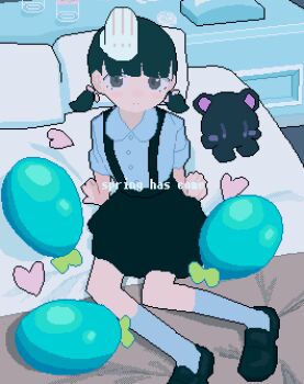 1girl animated animated_gif balloon black_hair black_shoes black_skirt blouse cursor dithering english_text female_focus grey_eyes headpat heart highres loafers looking_at_viewer looping_animation low_twintails on_bed original peco-pech shirt shoes short_twintails sitting skirt solo stuffed_toy suspenders twintails white_shirt