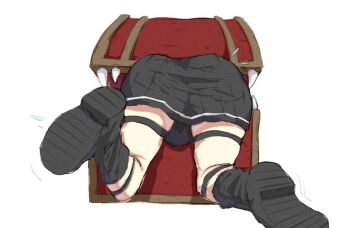 Rule 34 | 1girl, ass, black boots, boots, commentary request, flying sweatdrops, kaneko ryou, kneepits, mimic, mimic chest, sharp teeth, simple background, solo, sousou no frieren, stuck, teeth, ubel (sousou no frieren), white background