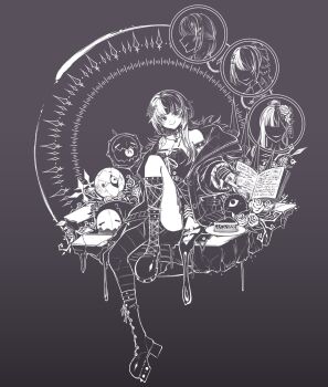 1girl arm_strap book boots breasts cake cake_slice cleavage closed_mouth coat commentary dress food fur-trimmed_coat fur_trim greyscale highres hololive hololive_english jewelry knee_up large_breasts long_hair monochrome nebradisk novelites_(shiori_novella) open_book plate ring shiori_novella shiori_novella_(1st_costume) sitting smile virtual_youtuber