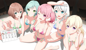 5girls 6+boys bang_dream! bikini blonde_hair blue_bikini blue_eyes blush braid breasts brown_hair commentary_request condom condom_belt green_bikini green_eyes green_hair hetero highres hikawa_hina indoors large_breasts long_hair looking_at_viewer maruyama_aya multiple_boys multiple_girls on_bed one_eye_closed open_mouth pastel_palettes_(bang_dream!) pink_bikini pink_eyes pink_hair purple_eyes shirasagi_chisato short_hair smile swimsuit twin_braids twintails used_condom wakamiya_eve white_hair whiton44 yamato_maya