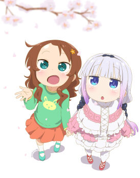 2girls animal_print beads black_bow blue_eyes bow child dated flower gradient_hair green_eyes green_footwear green_shirt hair_beads hair_bow hair_ornament hairband highres holding_hands kanna_kamui kneehighs kobayashi-san_chi_no_maidragon light_blush long_hair looking_up multicolored_hair multiple_girls open_mouth pleated_skirt purple_hair rabbit_print red_footwear red_skirt saikawa_riko samansa_ex shadow shirt skirt socks sphere_hair_ornament thighhighs tree walking white_background white_flower white_hair white_petals white_socks white_thighhighs
