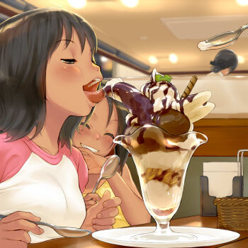 3girls ^_^ banana_split basket black_eyes black_hair blush booth_seating ceiling chocolate_syrup clenched_teeth closed_eyes closed_eyes food from_side grin half-closed_eyes hand_to_own_mouth holding holding_spoon ice_cream indoors kikurage_(crayon_arts) licking multiple_girls napkin open_mouth original parfait plate raglan_sleeves restaurant sexually_suggestive short_hair smile spoon sundae teeth tongue tongue_out wafer_stick whipped_cream