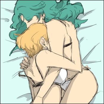 Rule 34 | 2girls, aqua hair, bishoujo senshi sailor moon, blonde hair, couple, earrings, closed eyes, from side, hiki-wota, hug, jewelry, kaiou michiru, lying, multiple girls, on bed, short hair, sketch, ten'ou haruka, underwear, underwear only, very short hair, yuri