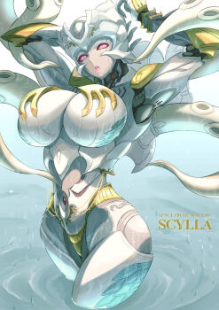 1girl arms_behind_head beast_wars beast_wars_ii breasts character_name ema_(emaura) large_breasts looking_at_viewer mecha mechanical_tentacles medium_breasts no_humans ocean octopus open_mouth partially_submerged predacon red_eyes redesign robot robot_girl science_fiction scylla_(transformers) smile solo tentacles transformers