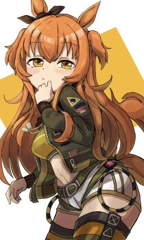 Rule 34 | 1girl, absurdres, amamoru 21, animal ears, belt, blush, bomber jacket, bow, breasts, brown ribbon, closed mouth, commentary request, crop top, dog tags, ear bow, ear ribbon, green belt, green jacket, hair between eyes, highres, horse ears, horse girl, horse tail, jacket, long hair, long sleeves, looking at viewer, mayano top gun (scramble zone) (umamusume), mayano top gun (umamusume), midriff, navel, open clothes, open jacket, orange eyes, orange hair, orange tail, ribbon, shirt, shorts, solo, striped clothes, striped thighhighs, tail, thighhighs, two side up, umamusume, white shorts, yellow shirt