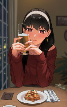 1girl absurdres alcohol beer black_hair breasts closed_mouth commentary_request cup curtains dai_(tdaitw) dated food hairband highres holding holding_cup indoors knife long_hair long_sleeves looking_at_viewer night pasta plate portrait_(object) red_eyes red_sweater signature smile solo spaghetti spoon spy_x_family sweater white_hairband window yor_briar
