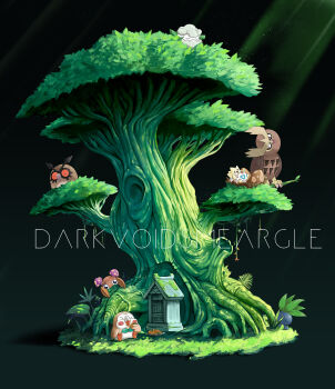 >_< artist_name black_background blush_stickers closed_eyes closed_mouth commentary cottonee darkvoiddoble eating egg gen_1_pokemon gen_2_pokemon gen_5_pokemon gen_7_pokemon grass head_tilt highres hoothoot leaf light_rays nintendo no_humans noctowl oddish paras pokemon pokemon_(creature) rowlet sleeping togepi tree