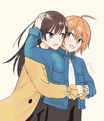 Rule 34 | 2girls, ahoge, artist name, blue eyes, blue jacket, brown hair, brown pants, coat, commentary, grey background, hand on another&#039;s head, highres, hug, hug from behind, jacket, jewelry, koito yuu, long hair, long sleeves, looking at another, multiple girls, nanami touko, nyamo, open mouth, orange hair, pants, ring, shirt, short hair, simple background, smile, upper body, white shirt, yagate kimi ni naru, yellow coat, yuri