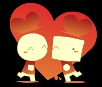 Rule 34 | 2others, ^ ^, ambiguous gender, black background, blush, circle (we become what we behold), closed eyes, floating hat, heart, heart-shaped hat, imawheelchair, multiple others, other focus, red shirt, shirt, simple background, square (we become what we behold), we become what we behold