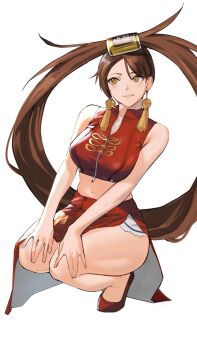 1girl bare_shoulders blush breasts brown_eyes brown_hair chinese_clothes closed_mouth crop_top guilty_gear guilty_gear_xrd hair_rings highres j@ck kuradoberi_jam large_breasts long_hair midriff navel red_shirt red_skirt shirt simple_background single_hair_ring skirt sleeveless smile solo squatting very_long_hair white_background
