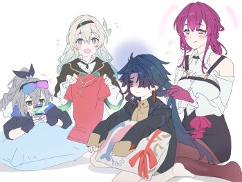 +++ 1boy 3girls adjusting_hair age_difference aged_down bandaged_hand bandages black_gloves black_hair black_ribbon blade_(honkai:_star_rail) blush_stickers breasts chinese_clothes fingerless_gloves firefly_(honkai:_star_rail) flying_sweatdrops gloves goggles goggles_on_head gradient_hair grey_hair hair_between_eyes hair_ribbon hairband highres honkai:_star_rail honkai_(series) kafka_(honkai:_star_rail) long_sleeves multicolored_hair multiple_girls onee-shota open_mouth pantyhose pillow ponytail puff_of_air purple_hair ribbon shaded_face shirt silver_wolf_(honkai:_star_rail) single_blush_sticker sitting stellaron_hunters_(honkai:_star_rail) taking_picture tkntkn0531