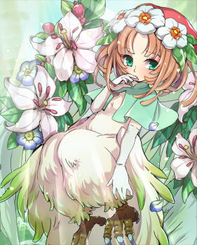 1girl absurdres animal_feet aqua_capelet aqua_eyes bird_legs bird_wings blonde_hair blue_flower capelet elbow_gloves elle_(lom) feathered_wings flower gloves hand_up harpy highres leaf legend_of_mana monster_girl multicolored_flower orange_flower parted_bangs pink_flower seiken_densetsu short_hair solo talons white_flower white_gloves wings yuruko_(seiga8946606)