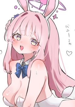 1girl alternate_costume animal_ears bare_shoulders blue_archive blue_bow blue_bowtie blush bow bowtie breasts cleavage detached_collar fake_animal_ears fake_tail hair_bun halo highres large_breasts leotard long_hair looking_at_viewer mika_(blue_archive) musama_universe open_mouth pink_hair pink_halo playboy_bunny rabbit_ears rabbit_tail simple_background single_side_bun solo strapless strapless_leotard sweat tail white_background white_leotard yellow_eyes