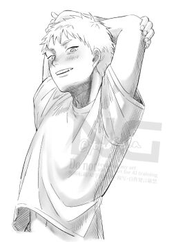 Rule 34 | 1boy, arms up, blush, commentary request, cropped torso, highres, hikaru ga shinda natsu, indou hikaru, looking at viewer, male focus, midriff peek, navel, short eyebrows, short hair, simple background, solo, teeth, twitter username, watermark, white background, yomosue a