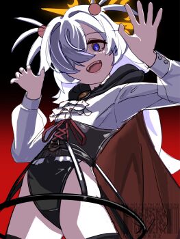 1girl black_corset blue_archive cloak corset fangs grey_hair hair_over_one_eye halo hands_up highleg highleg_leotard highres kanoe_(blue_archive) leotard long_sleeves looking_at_viewer momokaz open_hands open_mouth orange_halo purple_eyes ribbon shirt solo teeth two_side_up upper_teeth_only white_shirt