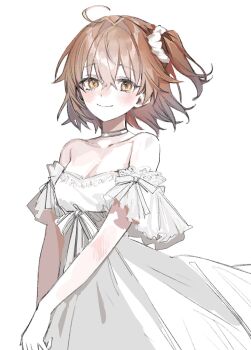 1girl ahoge blush breasts brown_hair choker cleavage closed_mouth dress fate/grand_order fate_(series) fujimaru_ritsuka_(female) hair_between_eyes hair_intakes hair_ornament hair_scrunchie highres light_smile looking_at_viewer off-shoulder_dress off_shoulder okchun one_side_up scrunchie simple_background solo white_background white_choker white_dress white_scrunchie yellow_eyes