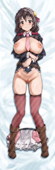 1girl black_hair black_shirt black_thighhighs boots breasts brown_boots commentary convenient_uncensoring dakimakura_(medium) english_commentary gluteal_fold hair_ornament highres kono_subarashii_sekai_ni_shukufuku_wo! large_breasts looking_at_viewer lying medium_hair necktie nipples on_back pink_necktie pussy red_eyes shirt skirt solo t3x thighhighs unworn_skirt yunyun_(konosuba)